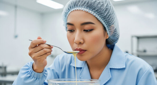 Focused female food scientist in lab uniform tasting sample of creamy liquid during product quality evaluation in modern laboratory environment - Powered by Adobe