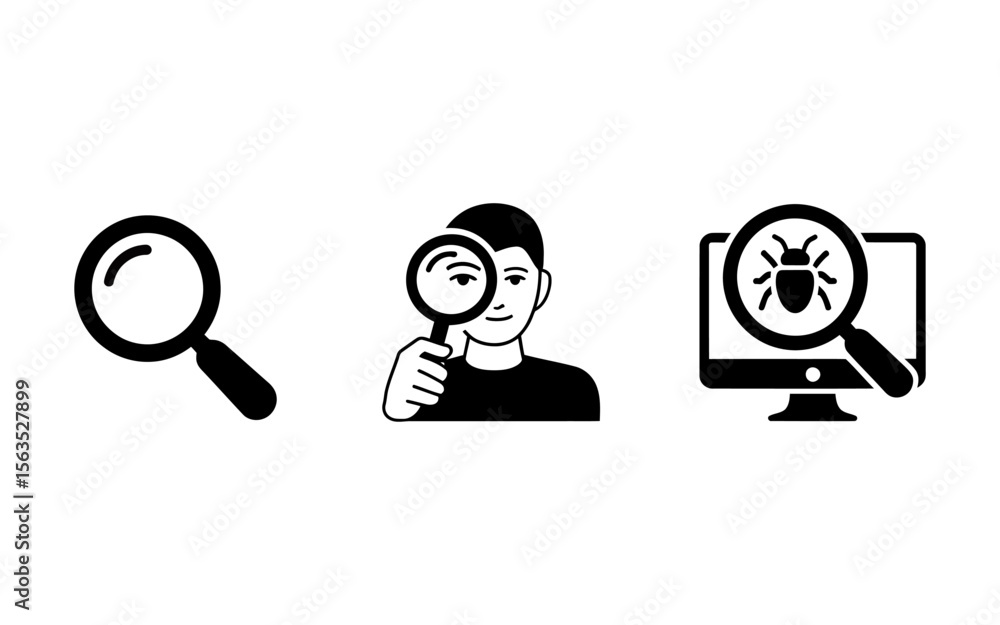 Poster vector art of searching for bugs on a computer screen outline and solid vector icons