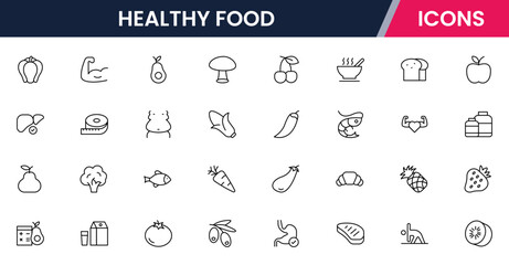 Healthy food icons in line vector style showcasing various nutritious items and drinks for a balanced diet