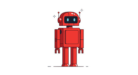 Fototapeta premium Friendly red robot character with antennas and glowing blue eyes standing still