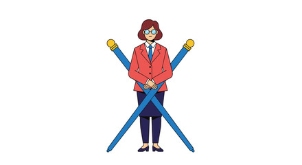 Fototapeta premium Formal businesswoman standing confidently with crossed pencils symbolizing productivity and collaboration in the workplace