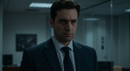 A pensive businessman in a dark suit stares intensely, lost in thought within a dimly lit modern office.