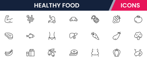 Healthy food icons in line vector style showcasing various nutritious items and drinks for a balanced diet