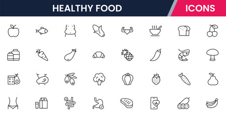 Healthy food icons in line vector style showcasing various nutritious items and drinks for a balanced diet