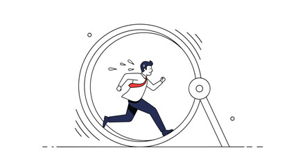 Man running in a hamster wheel representing the cycle of exhausting work and daily grind