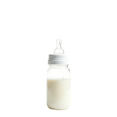 A baby bottle, glass container, white plastic, with milk, cut out
