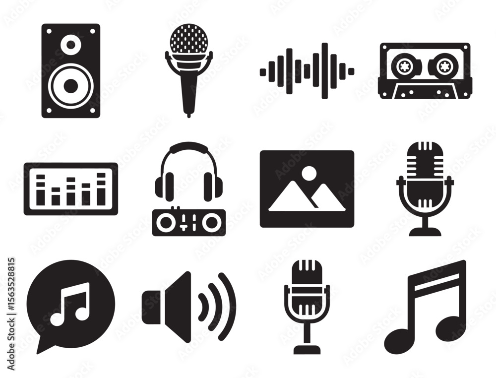 Poster audio and music glyph icon set for sound recording and playback showing microphone speaker headphone