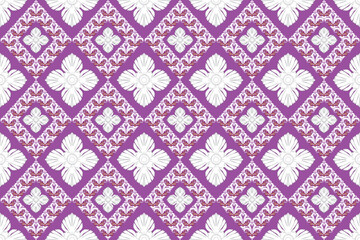 This design features white floral motifs arranged in a diagonal grid of purple diamonds, creating a balanced and elegant geometric pattern with a traditional Thai feel.