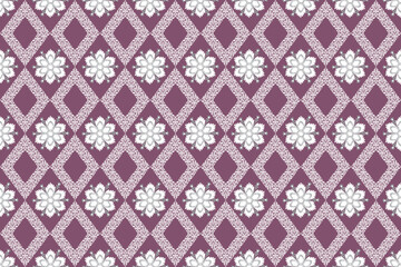 This design features white floral motifs arranged in a diagonal grid of purple diamonds, creating a balanced and elegant geometric pattern with a traditional Thai feel.