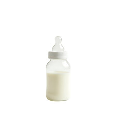 A baby bottle, glass container, white plastic, with milk, cut out