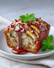 Delicious banana bread with melted chocolate, sweet comfort pastry, rich and moist slice, warm homemade dessert, fresh bakery, detailed close-up for cookbook, advertise, or cafe menu.