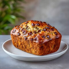 Close-up of moist banana bread with chocolate chips, homemade dessert, sweet snack, cozy bakery style, comfort food photography for recipe or menu.