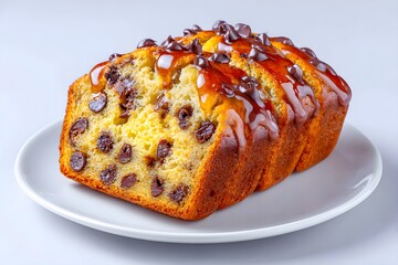 Close-up of sliced banana bread with chocolate chips, homemade dessert, moist texture, rustic bakery style, sweet and soft snack, cozy lifestyle and breakfast concept on white background.