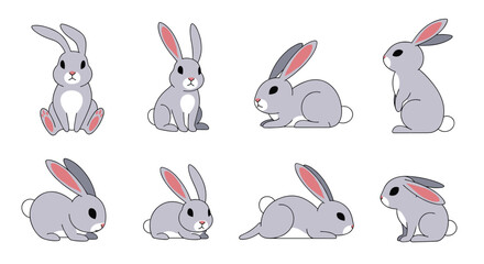Fototapeta premium Collection of adorable gray rabbits in various poses for easter and spring themes