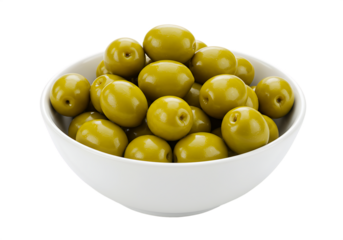 Delicious green olives in a white bowl Isolated on transparent background with copy space