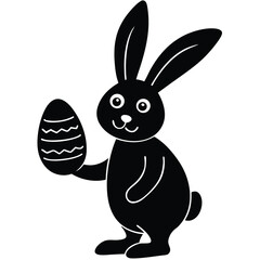 Cute black silhouette of a happy easter bunny holding a decorated egg