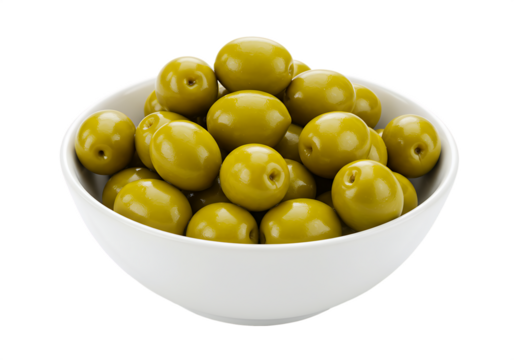Delicious green olives in a white bowl Isolated on transparent background with copy space - Powered by Adobe