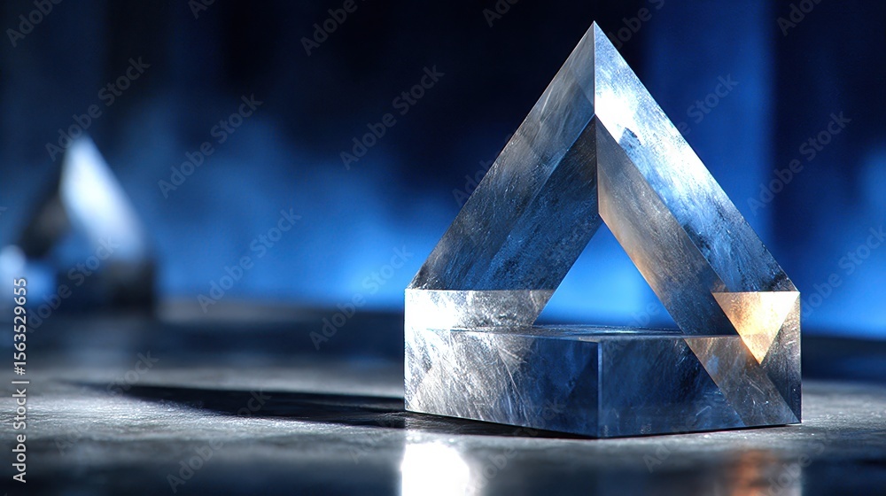 Poster abstract geometric shapes with reflective surfaces and soft blue lighting creating a modern artistic