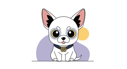 Obraz premium Adorable chibi chihuahua with big expressive eyes wearing a decorative collar sitting on a perched background with soft circles
