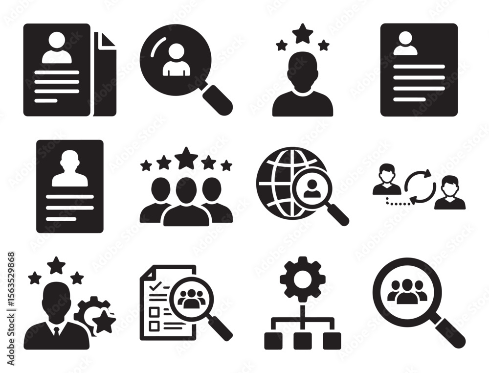 Poster candidate search and recruitment glyph icon set for human resources showing resume job interview pro