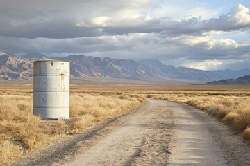 Obraz premium Empty Desert Road with Industrial Drum and Mountain Range Background