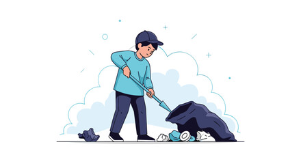 Young person actively cleaning park area picking up litter with trash bag and tools promoting environmental responsibility and care