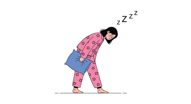 Woman in pajamas holding pillow walking sleepy exhausted tired after not sleeping well feeling drowsy