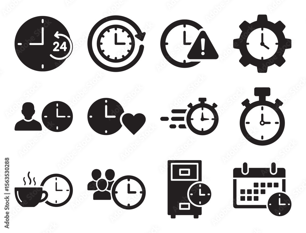 Poster clocks and time glyph icon set for management and deadline concepts showing watch alarm stopwatch ca