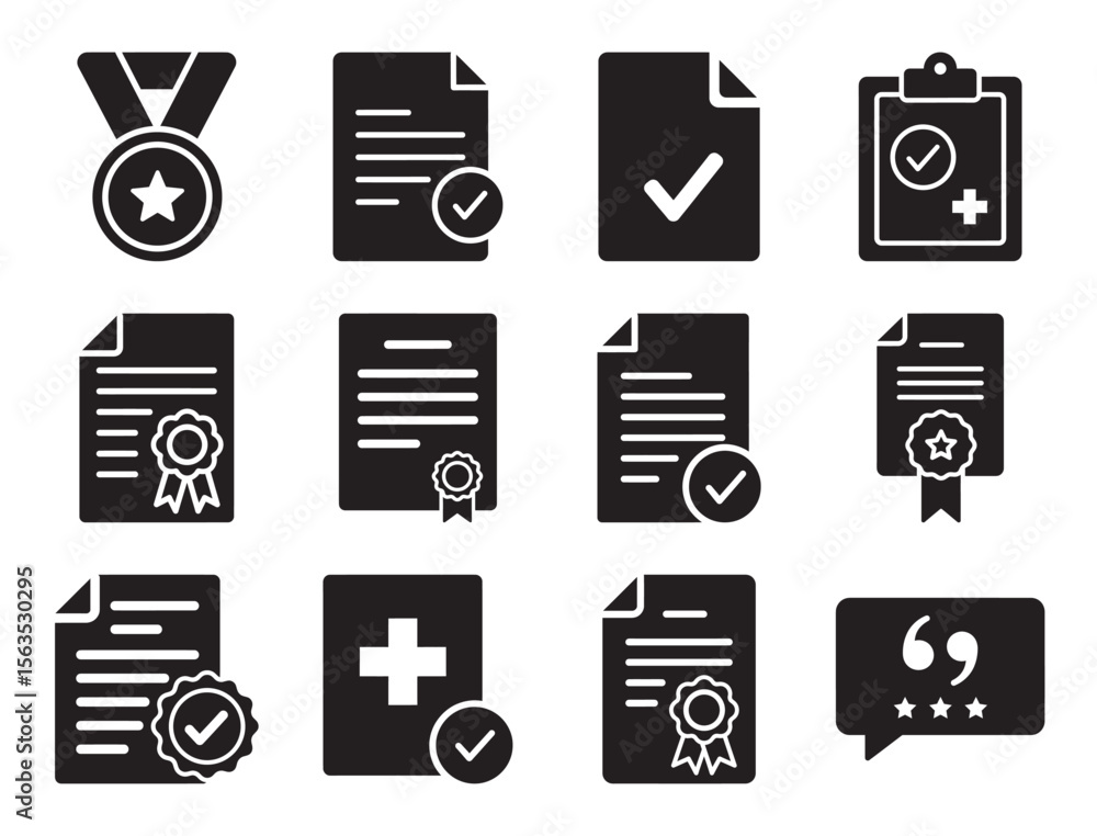 Poster certified and approved documents glyph icon set for quality seal and verification showing checkmark 