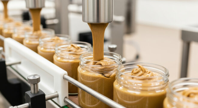 Automated peanut butter production line fills glass jars with smooth spread in modern food processing factory ensuring clean, efficient, and consistent packaging for distribution