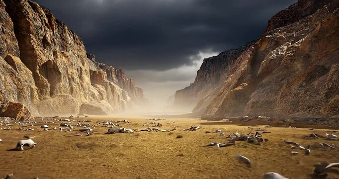 A desolate canyon, littered with scattered bones, under a dramatic, stormy sky.  Vast, rugged, ochre-colored cliffs frame a dried-up riverbed, strewn with skeletal remains