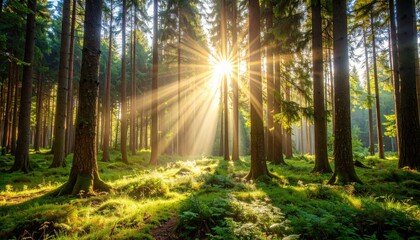 Obraz premium A serene forest with golden sunlight streaming through tall trees, illuminating vibrant green foliage and creating a tranquil atmosphere.