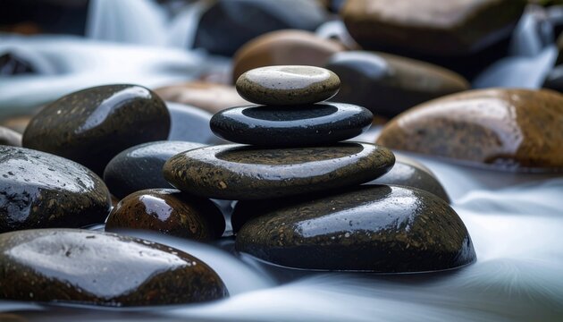 A serene display of stacked stones resting in gentle water, symbolizing calmness and balance in nature's beauty.
