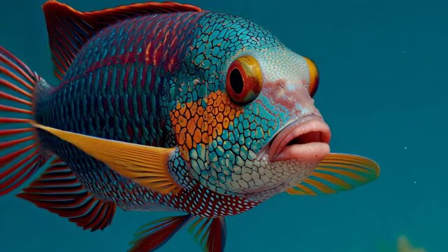 Vibrant Tropical Fish with Detailed Scales Showcasing Stunning Colors Underwater in a Clear Blue Background