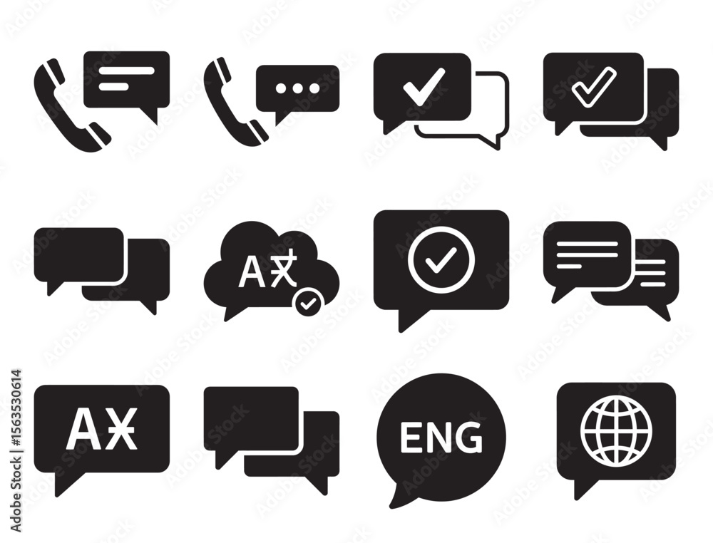 Poster communication and messaging solid glyph icon set for chat and speech bubble showing phone talk check