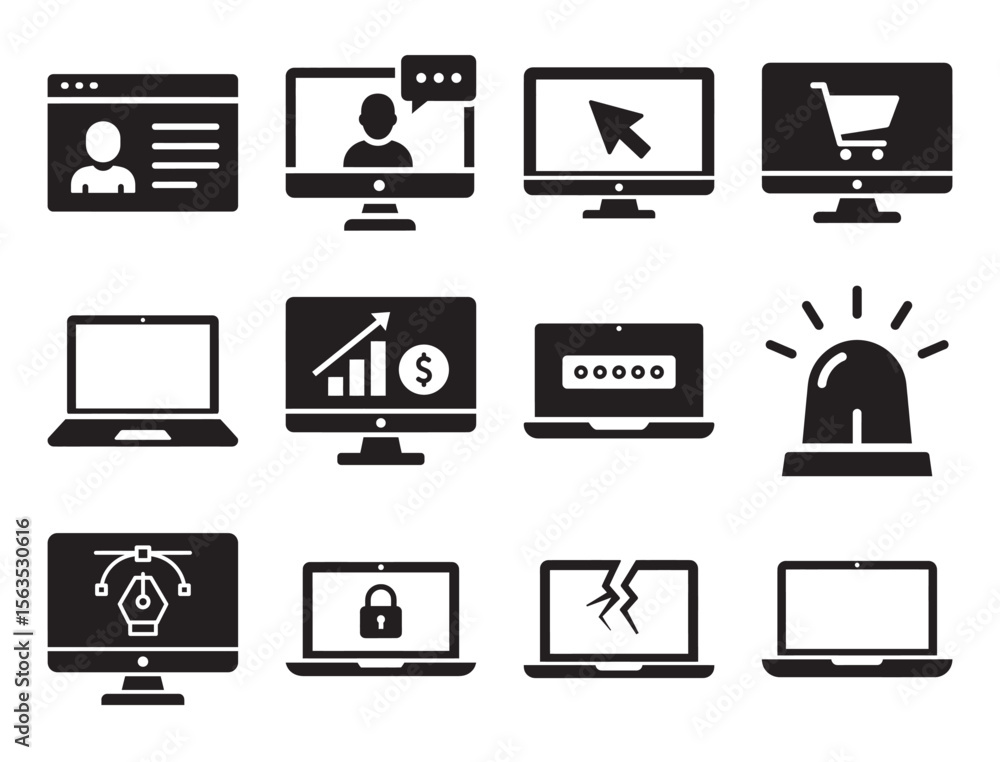 Poster computers and laptops solid glyph icon set for devices and technology showing desktop monitor keyboa