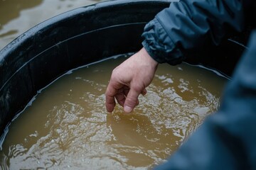 Hand Reaching into Container of Murky Water for Testing Purposes