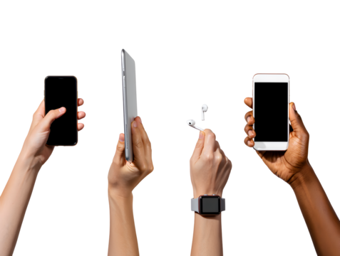 Hands holding a mobile smartphone with blank screen isolated on white background