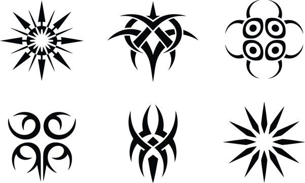 A collection of six symmetrical tribal silhouette vector symbols, featuring knot-work, starbursts, and abstract decorative patterns.