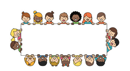 Fototapeta premium A diverse group of cheerful children holding a blank banner for your message ideas and inscriptions