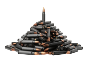 Pile of metallic bullets with pointed tips and brass casing isolated on white background