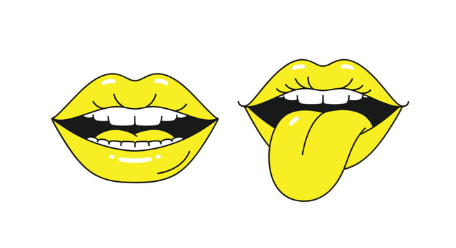 Bold yellow lips with open mouths and tongue out design