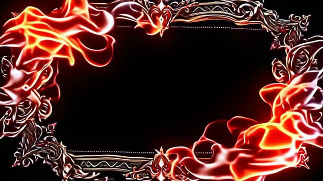 Contemplate a Classic ornamental Border Frame in vintage art deco, elegantly wrapped in fiery hues of ruby and pyrite that burst and recede like an elegant flame, providing a dynamic visual
