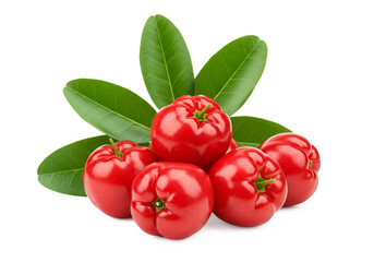 Freshly harvested acerola cherries with green leaves Isolated on transparent background
