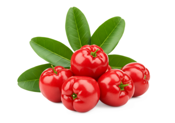 Freshly harvested acerola cherries with green leaves Isolated on transparent background