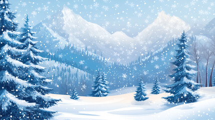 Obraz premium Winter landscape featuring snow-covered mountains, evergreen trees, and falling snowflakes, creating a serene and tranquil atmosphere in a picturesque snowy scene