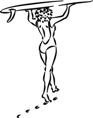 Girl with surfboard on head sketch for summer branding beach packaging resort decor eco labels