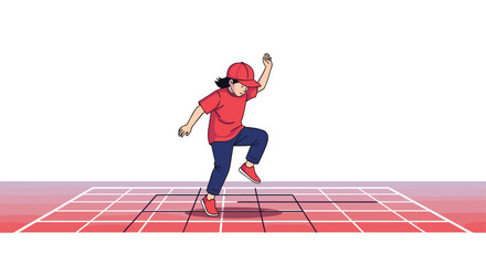 Animated person performing a dynamic dance routine on a grid surface