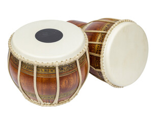 Traditional Indian musical instrument tabla with wooden body and drumhead isolated on white background