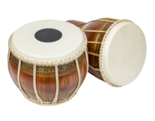 Traditional Indian musical instrument tabla with wooden body and drumhead isolated on white background